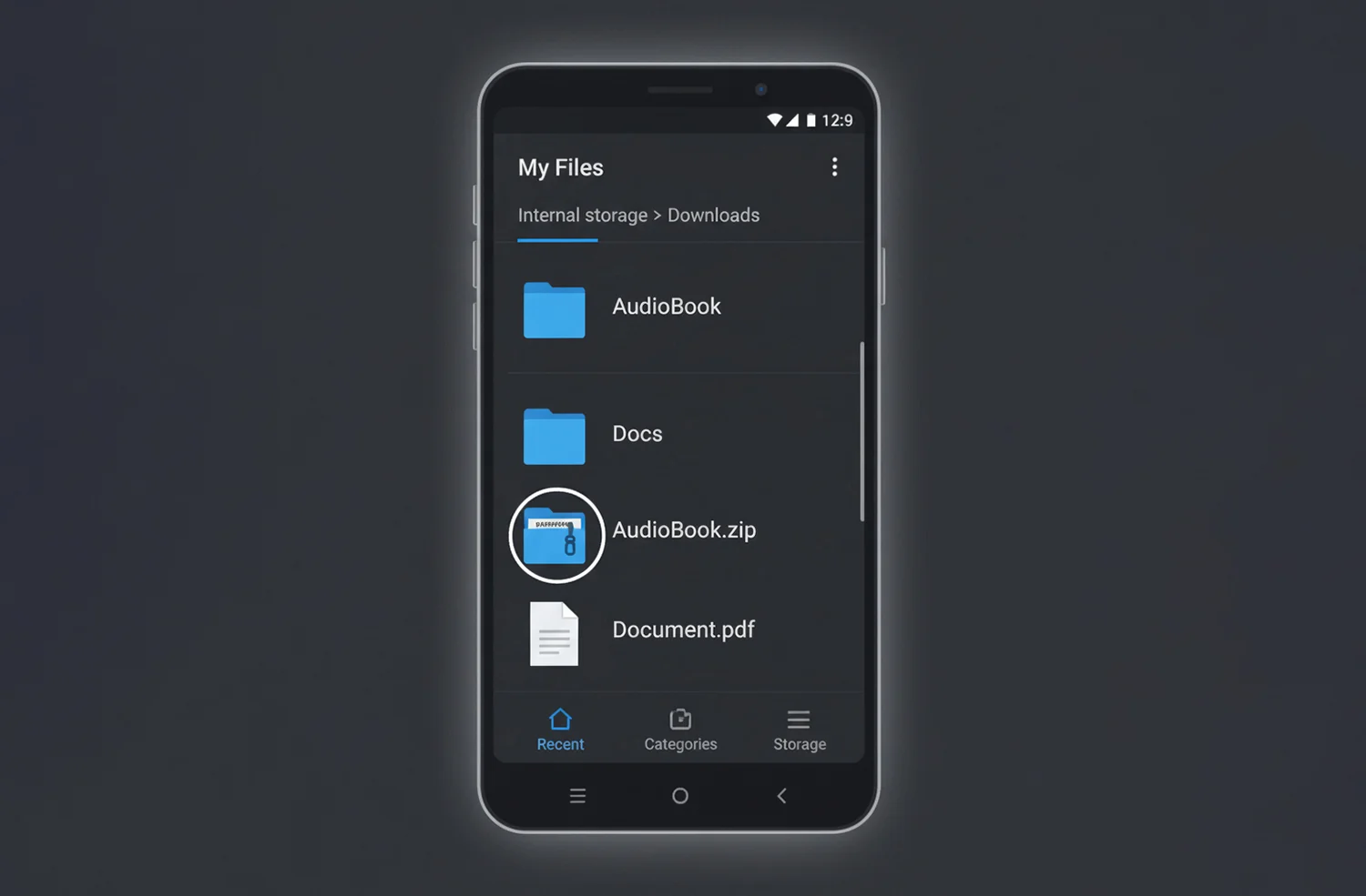 آیکون اپلیکیشن My Files و فایل زیپ در پوشه Downloads اندروید